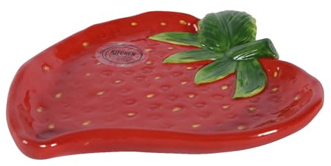 Decoris Teller 17cm Keramik in Erdbeer Form - Servierteller Dessertteller Kuchenteller Frühstücksteller Obstteller - Dekoteller Frühling & Sommer - Früchte Geschirr Rot Grün