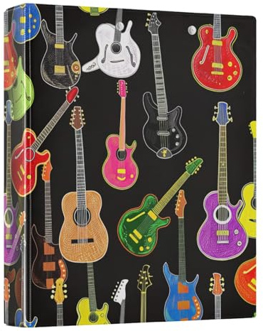 Niedliche bunte Gitarren, schwarz, 3,8 cm, 3-Ringordner, langlebige Basisordner mit 3 Innentaschen, niedlicher Ordner mit drei Ringen, für Schule, Büro, Zuhause, 1 Stück