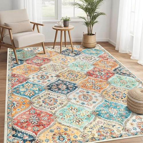 LuxFocus Waschbarer Vintage Teppich 120x170 cm Blumen Kurzflor Orange | Teppich Orientalischem Design für Wohnzimmer Schlafzimmer Kinderzimmer, Marokkanischer boho floraler rutschfester faltbarer