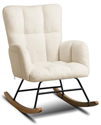 Comhoma Fauteuil de relaxation avec accoudoirs, fauteuil club en peluche teddy, fauteuil à bascule, charge maximale 150 kg, chaise longue pour jardin, salon, design élégant Beige