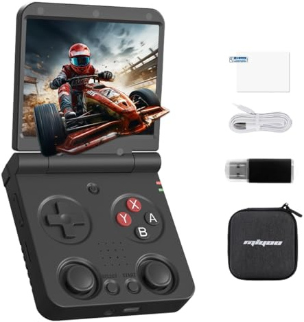 Mini console di gioco portatile Mi-yoo Flip V2 retrò, 3,5 pollici, schermo IPS 640 x 480, mini console per videogiochi, 20+ emulatori 3000 mAh, sistema Linux (nero)