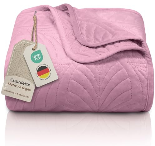 Gräfenstayn copriletto trapuntato matrimoniale 200x220 cm estivo in poliestere – certificato OEKO‑TEX, antigualcitura, decor foglia – elegante coperta letto & sofà (rosa scuro)