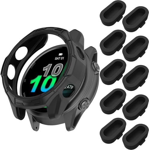 Miimall Armour Case + Dust Cap Compatible with Garmin Forerunner 970, Anti-Scratch Shockproof Cover + Charger Port Protector Anti-Dust Plug for Forerunner 970 [No Protective Film] -Black 1+10 Pack