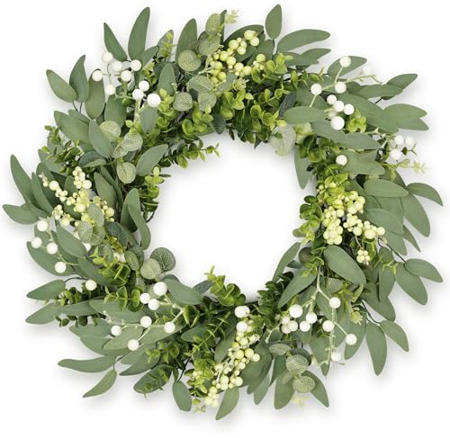 Petalyn Eukalyptus-Kranz 50 cm/20 Zoll für Haustür, künstlicher grüner Türkranz mit Beeren, Frühlings- & Sommerkranz ganzjährig für Wand, Fenster, Kamin, Landhaus-Deko