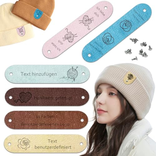 12 Stück Personalisierte Handmade Label Mit Nieten Handmade Label Zum Annähen für Häkeln und Strickprojekte Mikrofaser Lederetiketten für Kleidung Hüte Tücher Handschuhe (Größenname, 7.62 * 1.5 cm)