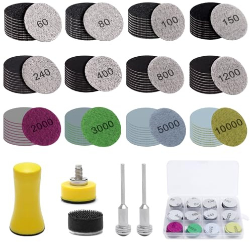 Annickee 205 PCS Wet and Dry Sanding Discs 25mm,Hook and Loop Sandpaper | 60-10000 Grit,Drill Sanding Attachment with Foam Sanding Pad, Backing Pad, Hand Sanding Block,1/8 Shank,for Metal/Wood/Auto