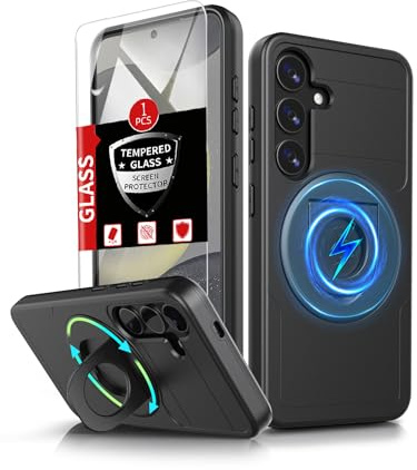 FRLMOOES for Samsung Galaxy S24 Plus Case Magnetic,with 360° Kickstand Ring | for S24+ Case Compatible with MagSafe Wireless Charging,with Screen Protector,Scratch Shockproof Heavy Duty Protection,Black