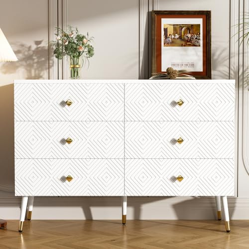 dowowdo Commode à 6 tiroirs, buffet et armoire de rangement avec pieds en métal doré, blanc, 120 cm