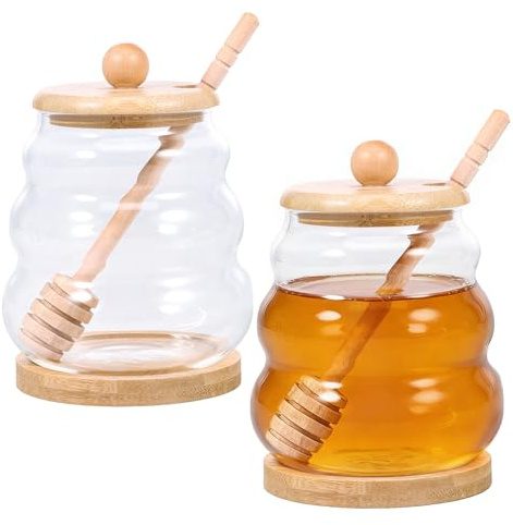QINGLANG 2 Pcs Honey Jar with Dipper Glass Honey Pot with Lid and Base Heat Resistant Glass Honeys Dispenser for Home Kitchen Serving Honeys and Syrup(Glossy)