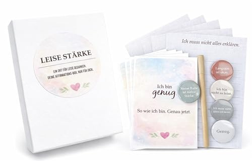 Leise Stärke – Achtsamkeits- & Affirmations-Geschenkbox Briefpapier, Affirmationskarten, Buttons & nachhaltiger Bambus-Stift | Geschenkbox für Ruhe & Selbstfürsorge, kleine Aufmerksamkeit