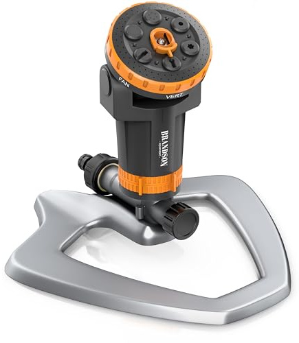 Brandson - Gartensprinkler mit Standfuß Metall – Garten Rasensprenger 3/4 Zoll - 6 Sprühmuster – 200 m2 Gesamtfläche - Einstellbarer Sprühwinkel – Bewässerungssektor bis 360° - Inkl Adapter 1/2 Zoll