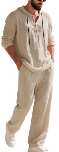 Generisch Herren Jogginganzug Set 2 Teilier Sommer Baumwolle Trainingsanzug Langarm Poloshirt und Hose Freizeitanzug Sportanzug Einfarbig Casual Outfit mit Knöpfen und Kapuze für Alltag