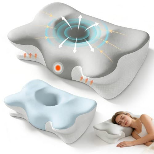 Memory Foam Pillow, Ergonomic Orthopedic Pillow for Neck and Shoulder Pain Relief, 2 Heights Cervical Support Pillow for Side/Back/Stomach Sleepers, Cooling Pillow with 2 Washable Covers(Grey & Blue)