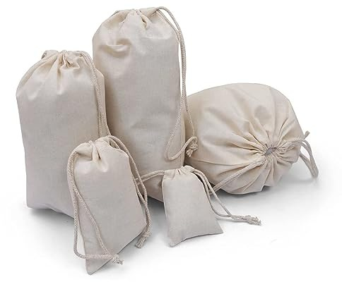 BigLotBags 100Pcs 5 x 7 Inches Premium Cotton Muslin Double Drawstring Bags, Reusable Bag Natural Cotton Bags with Drawstring Produce Bags Bulk Gift Bag Jewelry Pouch for Party Wedding Home Storage