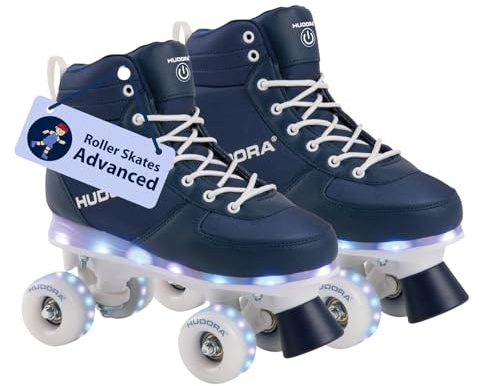 HUDORA LED Roller Skates Advanced en Bleu Navy - Patins à roulettes de Haute qualité avec LED Bleu/Blanc - Confortables & réglables sur 2 Tailles - Rollers élégants pour garçons et Filles