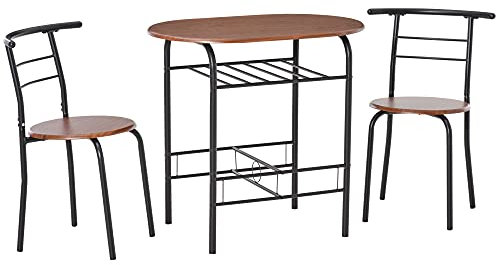 HOMCOM Dining Table and Chairs Set 3, Breakfast Bar Table and 2 Chairs with Storage Shelf, Wood-Effect Tabletop, Metal Frame, Dining Room Set for Living Room, Small Space, Natural