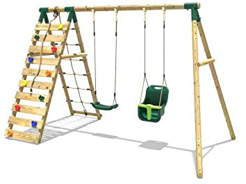 Rebo® Wooden Swing Set with Up and Over Climbing Wall - Kai Green | OutdoorToys | Baby Swing, Climbing Rocks, Sturdy Wooden Construction, Pressure Treated Timber