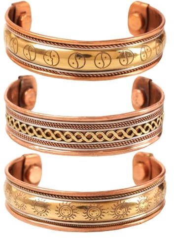 Touchstone Bracelet magnétique en cuivre de style tibétain. Forgé à la main avec du cuivre pur solide et de haute qualité. Ensemble de 3 modèles différents en 3 métaux.