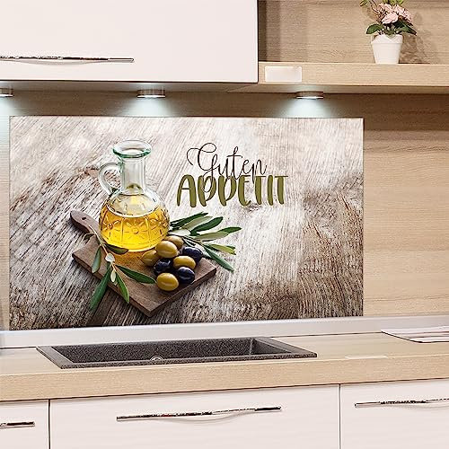 GRAZDesign Spritzschutz Küche Glas Guten Appetit mit Olivenzweig braun, Küchenrückwand Glas für Herd und Spüle, Rückwand Küche Glasplatte mit Motiv, 80x50cm