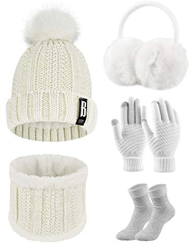 UMIPUBO Gorro Bufanda de punto Guantes Invierno Set de Bufanda y Gorro Conjunto de Excursión Esquí de Invierno de Mujeres 5 Piezas, Gorro Bufanda Guantes de Punto Orejeros Medias (Blanco, Talla única)