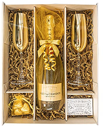 Moët & Chandon Imperial 75cl Champagne Gift Set Hamper With Two Matching Metallic Gold Glass Champagne Flutes, Chocolates and Gift Box - Golden Wedding Gift For Him and Her (Gold Metallic Tops)