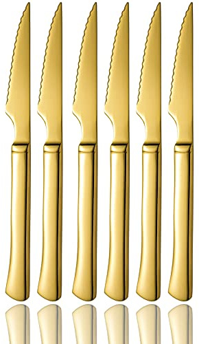 culterman Gold Steak Knives,Ultra-Sharp Stainless Steel Cutlery Set,Dinner Knifes 6-Piece Stainless Steel kitchen Serrated Best Knife kitchen Sets Dishwasher Safe (Golden)