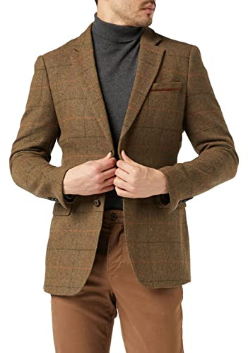 Xposed Mens Grey Brown Vintage Herringbone Blazer Retro MOD Slim Fit Tweed Check Jacket[BLZ-JARVIS-7250-5, UK 48 EU 58,Tan Brown]