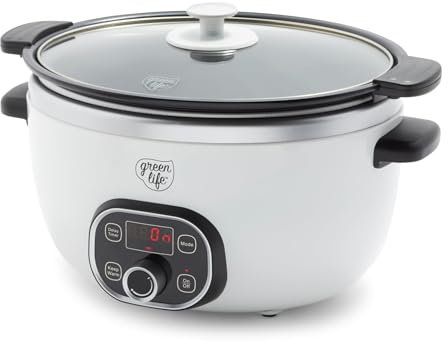 GreenLife Cook Duo - Pentola a cottura lenta antiaderente 6QT, senza PFAS, timer digitale, parti lavabili in lavastoviglie, colore: bianco