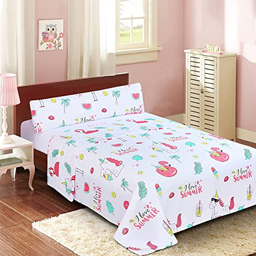 Dalina Textil Juego de Sábanas Infantil para Cama 3 Piezas - 1 Sábanas Bajera Ajustable Cama 90cm con Encimera 165x260cm y 1 Funda de Almohada Larga (Cama de 90x190cm Unicornio y Flamenco)