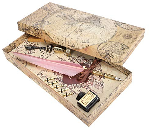 Restokki Quill Pen Set, Edelstahl Vintage Feather Writing Drawing Dip Pen mit 5 Kalligrafie-Spitzen für Business-Geschenk-Tischdekoration (28,4 * 4 cm)(Rosa)