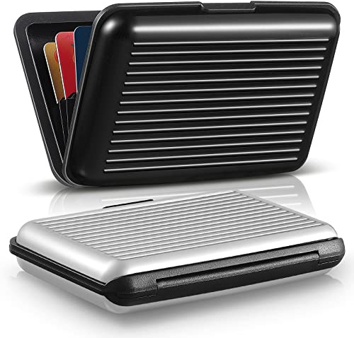 BBTO Kreditkartenetui, schmal, Mini-RFID-blockierend, Kreditkartenschutz, Aluminium, Visitenkartenetui, Metall, Ausweis-Organizer, Geldbörse mit 7 Steckplätzen, für Damen und Herren, 2 Stück, schwarz