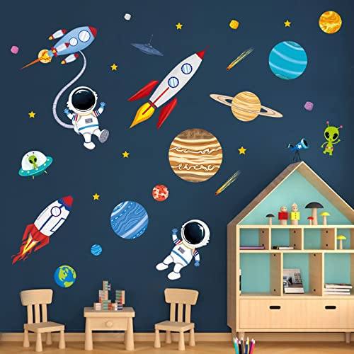 decalmile Väggklistermärken rymden planet väggdekal raket astronaut stjärnor väggdekoration sovrum barn baby barnkammare vardagsrum