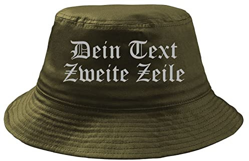 Fischerhut Wunschtext Druck - Oliv - altdeutsch gerade - Bucket Hat Druckfarbe: Silbergrau-OneSize