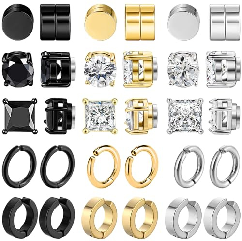 NEWITIN 15 Pairs Magnetic Stud Earrings for Men Clip on Earrings Stainless Steel Magnet Earring Unisex Dangle Cross CZ Hoop Magnetic Stud Earring Set for Men Women