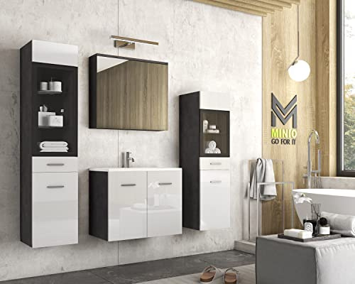 MINIO go for it - Badezimmermöbel Set Marit 2 Wandspiegelschrank ohne LED | Schrank mit Waschbecken, Farbe: Graphit Matera / Weiß Hochglanz
