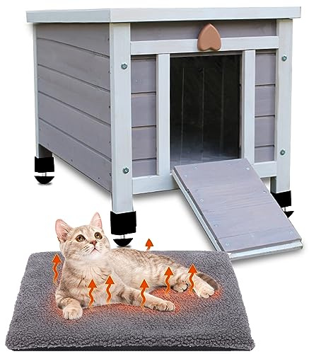 Rockever Outdoor Cat House,Outdoor cat Houses for Feral Cats Weatherproof Rabbit Hutch Small, Wooden Small Pet House and Habitats (Modern, Grey-with Mat)