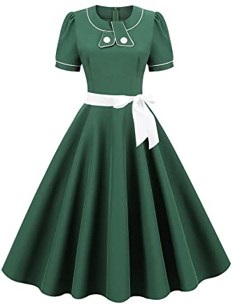 AXOE Women Vintage Rockabilly Dress 1950s Retro A line Short Sleeve Casual Work Cocktail Tea Party Green, UK Size 16, XL