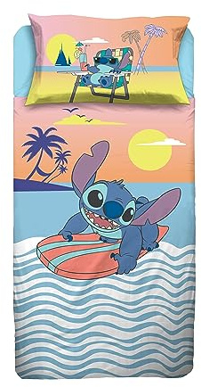 Stitch, Lenzuolo Letto Singolo, Completo Letto Singolo Disney, Lenzuolo Sopra, Lenzuolo Con Angoli, Federa, Blu, Disney, 100% Cotone, Prodotto Ufficiale