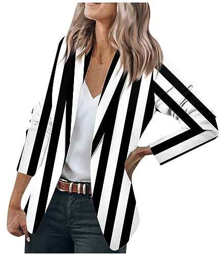 RMBLYfeiye Jacke Damen Übergangsjacke Blouson Sweatjacke Lang Blazer Elegantrevers Offene Front Gestreifter Druck Business Elegant Bürojacke Laufjacke