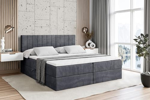 ALTDECOR Boxspringbett mit Matratze und Lattenrost, Boxbett, Topper, Polsterbett mit Bettkasten, Bett mit Stauraum H3-Matratze, Doppelbett, Springboxbett - Edita - 140x200 - Dunkelgrau Samt