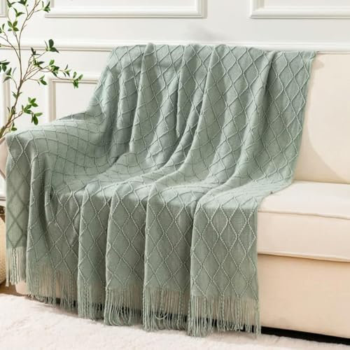 YOGAYE Überwurfdecke für das Bett, gestrickte Überwürfe mit Quaste, Sofadecken, weiche, leichte salbeigrüne Decke, Heimdekoration