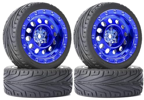 RC Auto Reifen und Räder Set,KINGCOO 4Stück 65mm Gummireifen und Kunststoff Vintage Räder Felgen 12mm Hex für 1/10 RC On-Road Touring Racing Auto für HSP HPI Kyosho Tamiya (Blau)