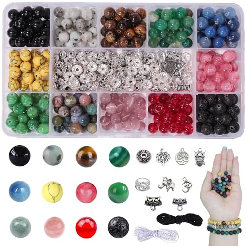 BLAESIFF 381 Stück Edelstein Perlen, 12 color 8mm Natürliche Runde Lose Perlen mit Loch für Halsketten, Armbänder, Ohrringe, Perlen für Armbänder