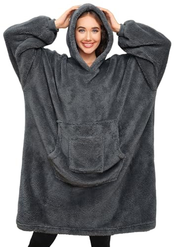 Tuopuda Sweatshirt Kvinnor Filt Med Ärmar Pläd Huvtröjor Överdimensionerade Fleece-Bärbara Filtar Pullover Blanket Hoodie Sherpa Fleece Jättetröja med Kappa Vinterpyjamas, Grå-Large, one size