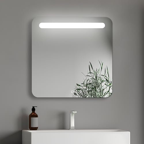 Home Glow 60cm Espejo de Baño con Luces LED Espejo de Baño Iluminado con Interruptor Táctil Esquinas Redondeadas Cuadrado LED para Baños con Iluminación Superior