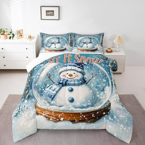 Castle Fairy Winter-Schneemann-Steppdecke mit Aufschrift Merry Christmas, traumhafte Glaskugel, Steppdecke mit 2 Kissenbezügen, Outdoor, Schnee, botanische Pflanzen, Bettwäsche-Set, bequem, weich