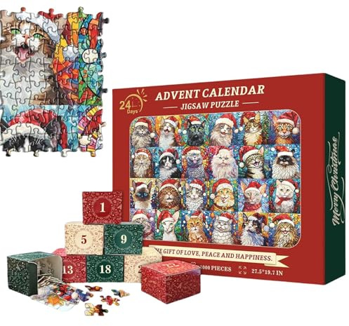 Christmas Cat Jigsaw Puzzle, 2024 Christmas Jigsaw Puzzles, 1000 Pieces Christmas Animal Countdown Calendar, Christmas Countdown Calendar Family Game For Kids Teens Adults