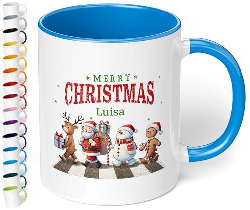 Geschenk zu Weihnachten: Tasse „Merry Christmas - Weihnachtsfiguren“ - personalisiert mit Namen - Adventszeit, Keramik, ca. 330ml, Cambridge Blau