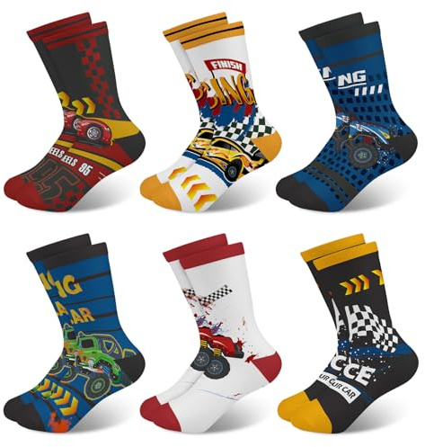 Queenshin 6 Pares Calcetines Niños Infantiles Patrón de Camión de Ingeniería Genial Calcetín Crew Transpirables Regalos 5-8 años Tamaño 28-32