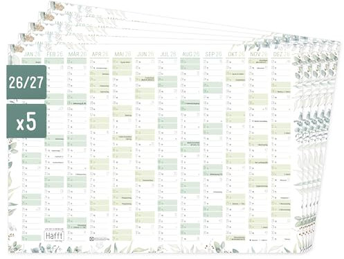 Häfft® 5 x Wandkalender 2026 A4 quer Blattgold + Jahresübersicht 2027 auf der Rückseite -Tafelkalender, Jahresplaner, Jahreskalender, Tischkalender mit Feiertagen - nachhaltig & klimafreundlich